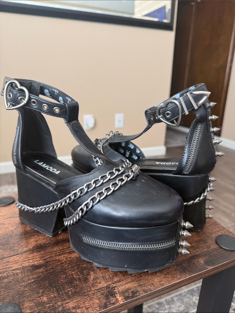 LAMODA Black Platform Mary Janes with Chain & Spike Accents